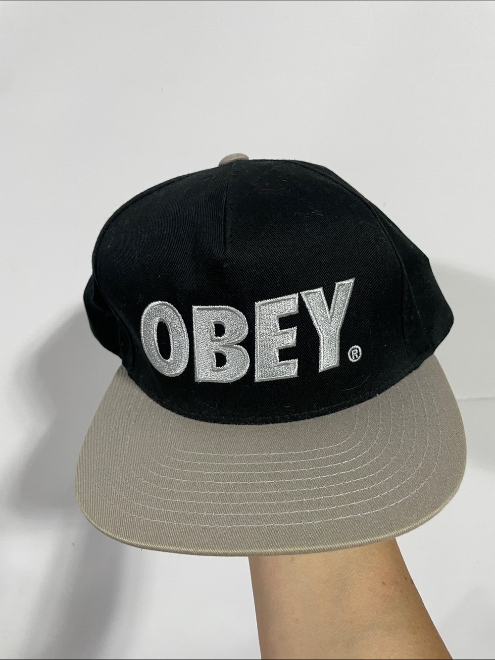 Obey Black Cap with Taupe Brim and White Embroidered Logo